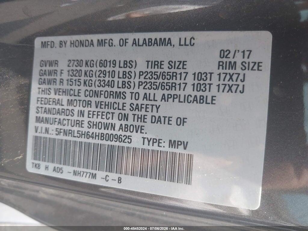 5FNRL5H64HB009625 2017 HONDA ODYSSEY photo no. 9