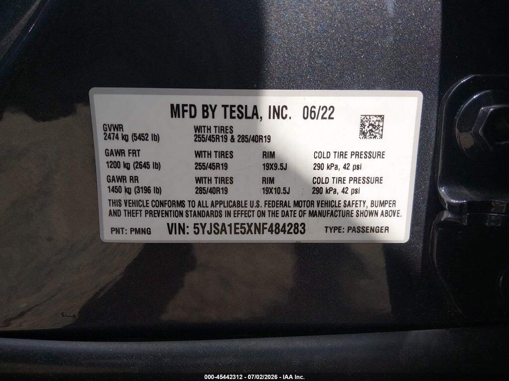 5YJSA1E5XNF484283 2022 TESLA MODEL S photo no. 9