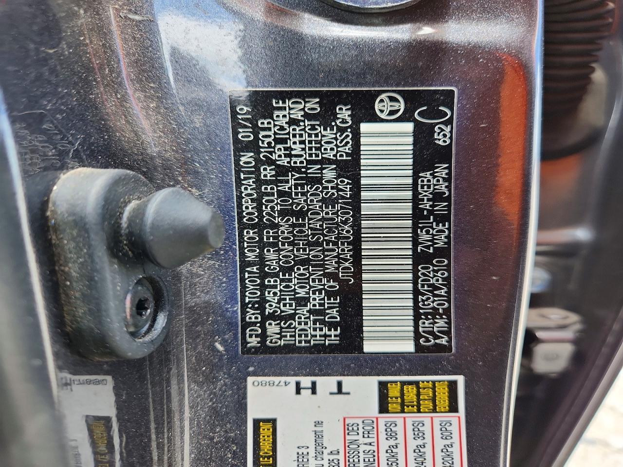 JTDKARFU6K3071449 2019 TOYOTA PRIUS photo no. 12