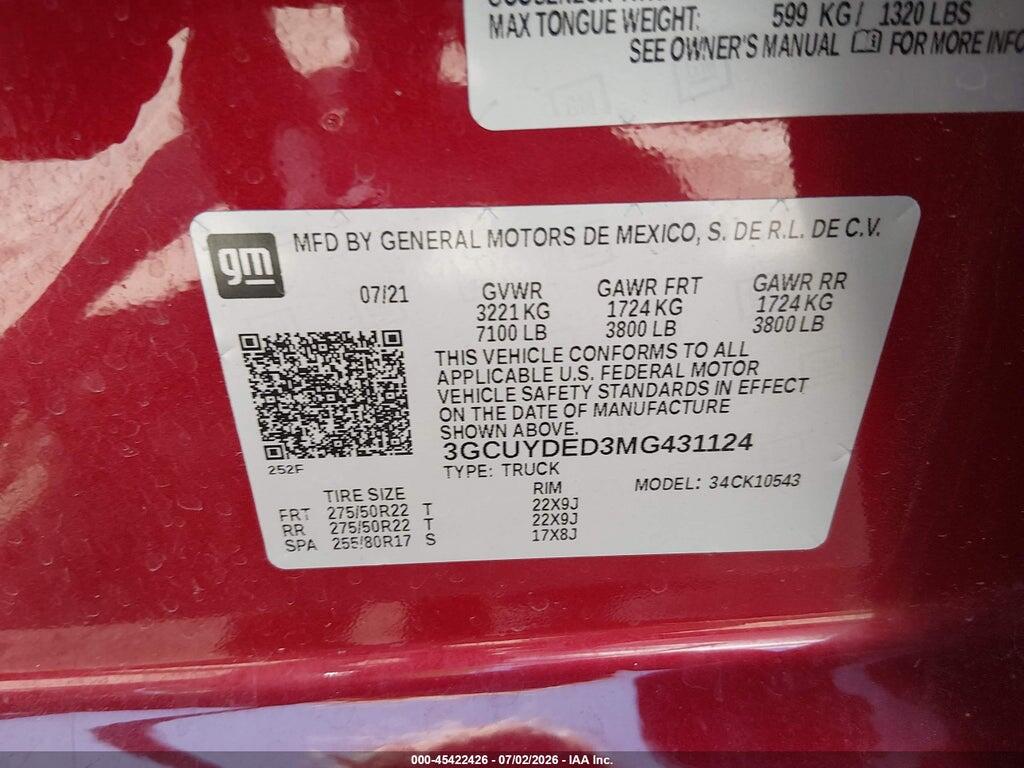3GCUYDED3MG431124 2021 CHEVROLET SILVERADO 1500 photo no. 9