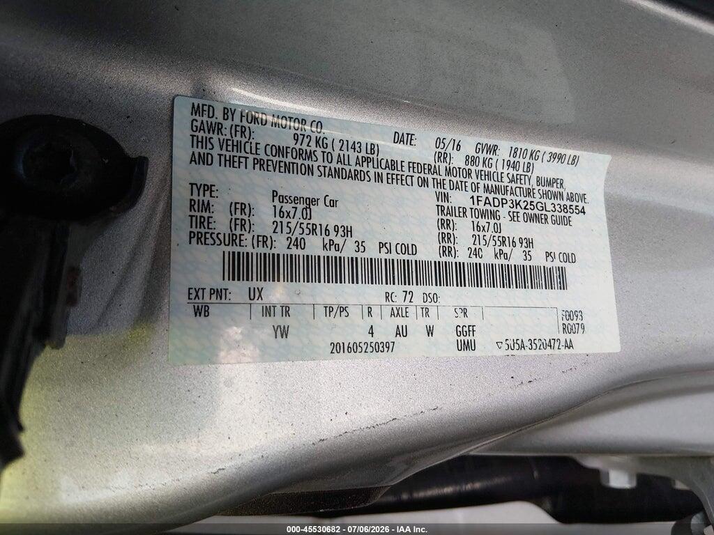 1FADP3K25GL338554 2016 FORD FOCUS photo no. 9