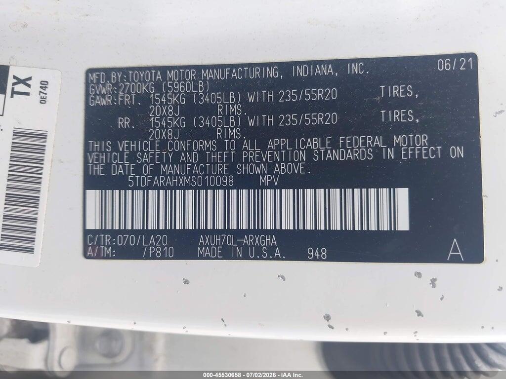 5TDFARAHXMS010098 2021 TOYOTA HIGHLANDER photo no. 9