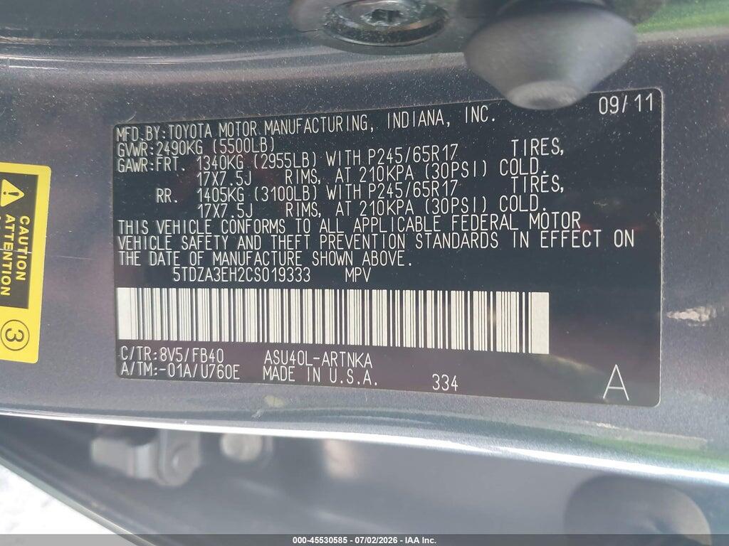 5TDZA3EH2CS019333 2012 TOYOTA HIGHLANDER photo no. 9