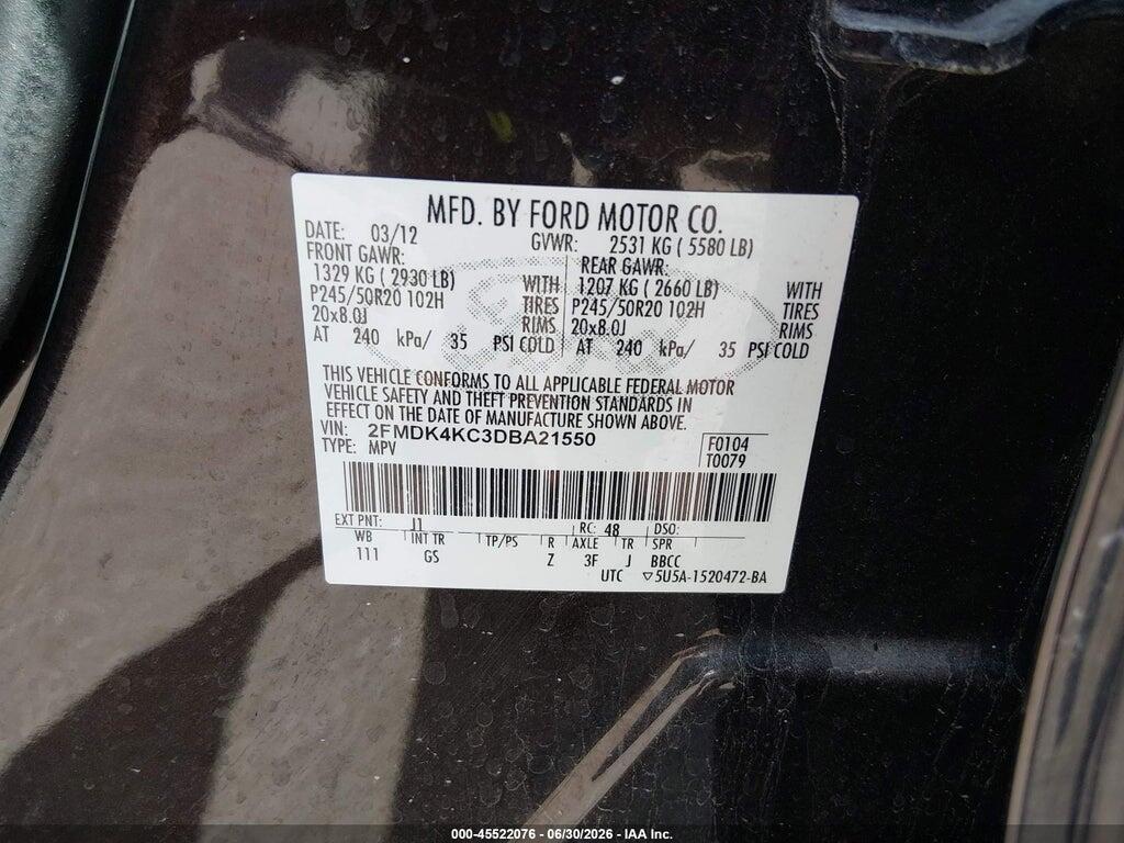 2FMDK4KC3DBA21550 2013 FORD EDGE photo no. 9