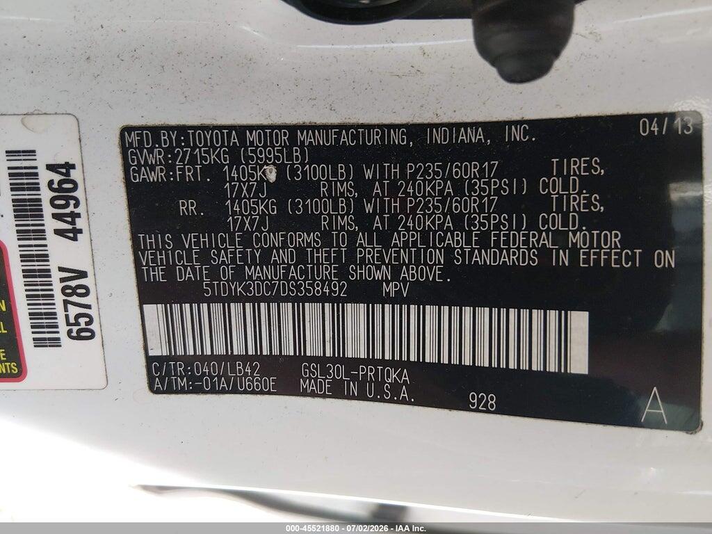 5TDYK3DC7DS358492 2013 TOYOTA SIENNA photo no. 9