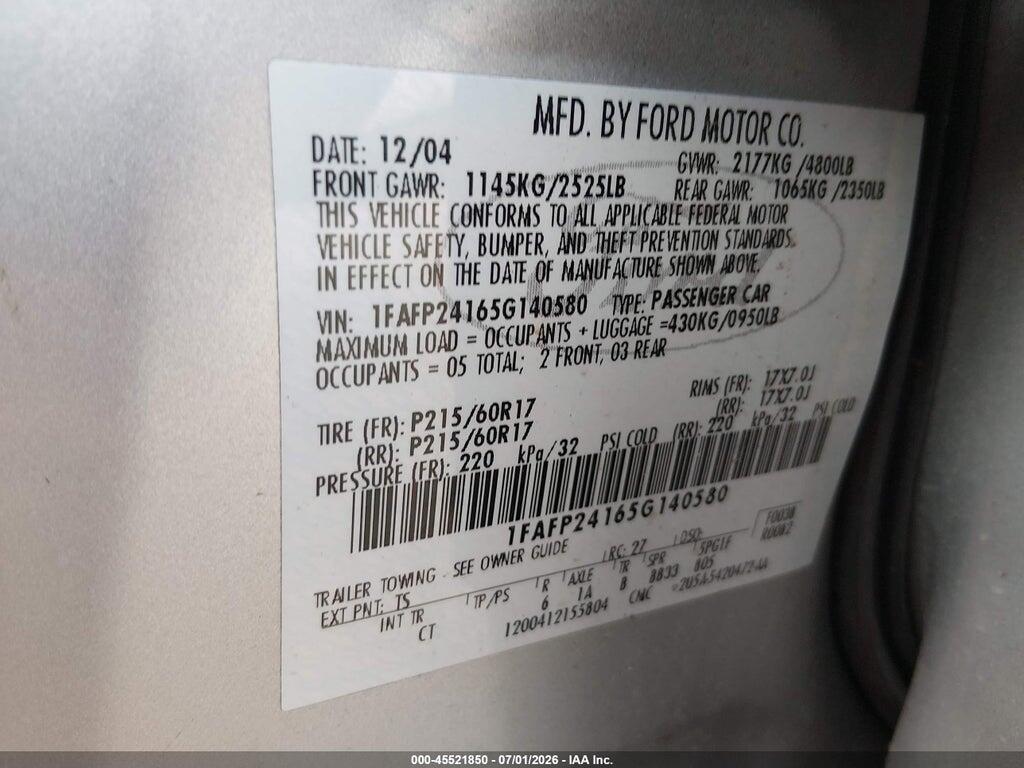 1FAFP24165G140580 2005 FORD FIVE HUNDRED photo no. 9