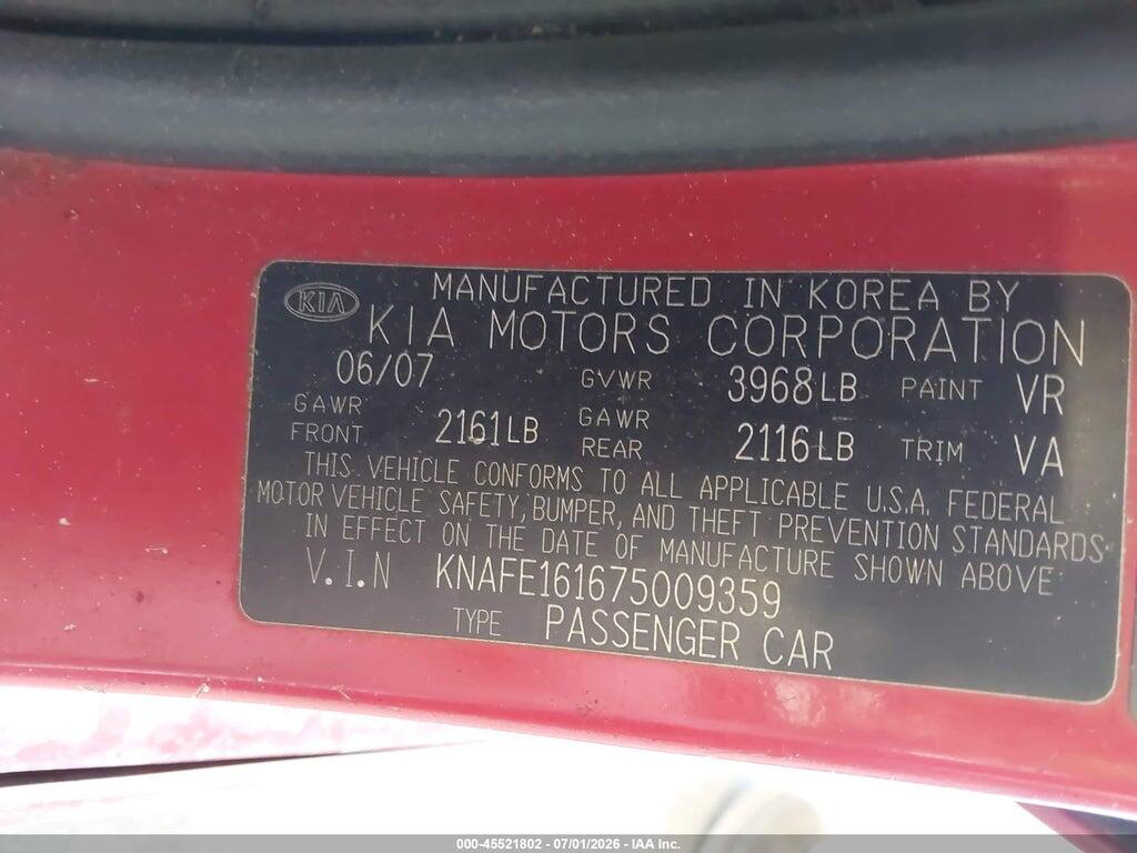 KNAFE161675009359 2007 KIA SPECTRA5 photo no. 9
