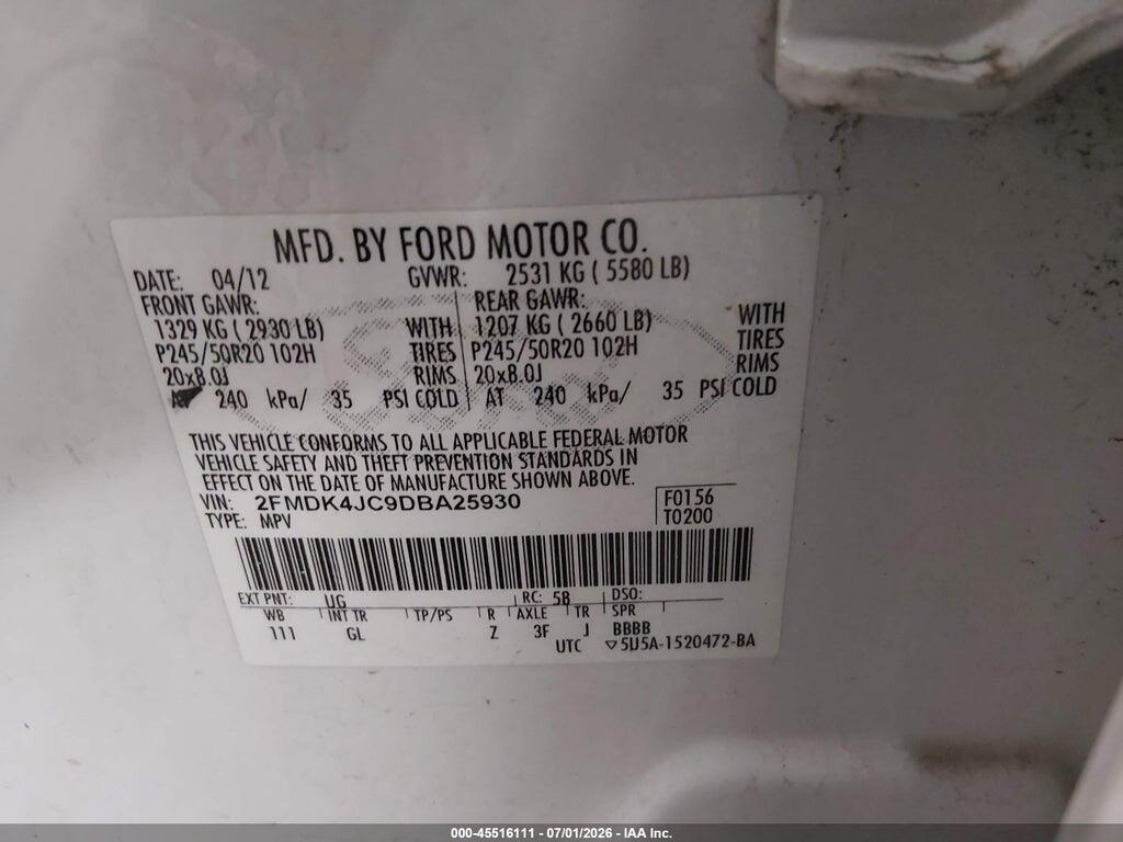 2FMDK4JC9DBA25930 2013 FORD EDGE photo no. 9