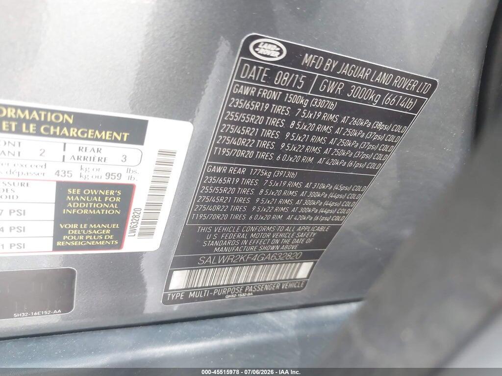 SALWR2KF4GA632820 2016 LAND ROVER RANGE ROVER SPORT photo no. 9