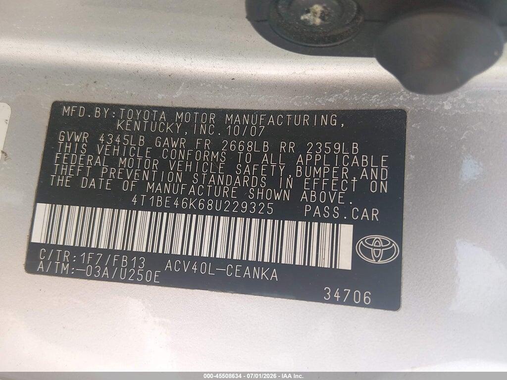 4T1BE46K68U229325 2008 TOYOTA CAMRY photo no. 9