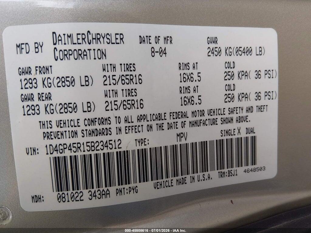 1D4GP45R15B234512 2005 DODGE CARAVAN photo no. 9