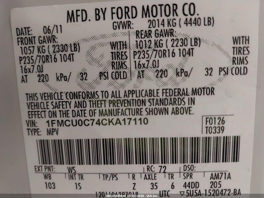 1FMCU0C74CKA17110 2012 FORD ESCAPE photo no. 9