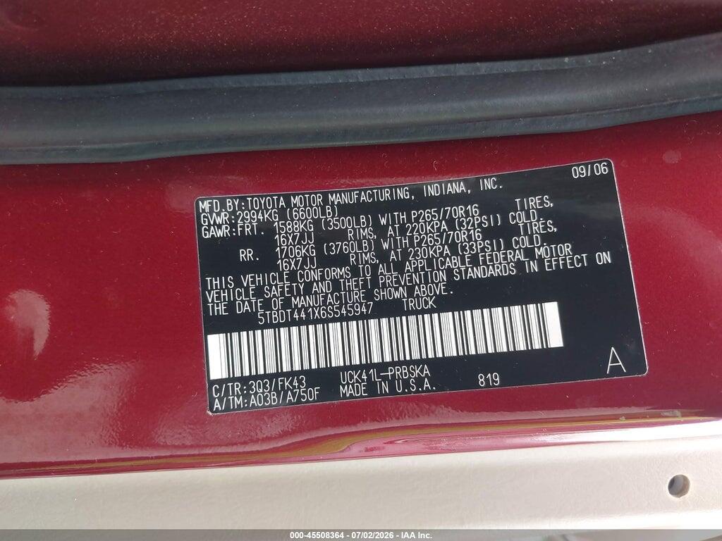 5TBDT441X6S545947 2006 TOYOTA TUNDRA photo no. 9