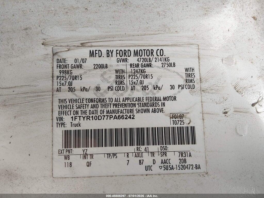 1FTYR10D77PA66242 2007 FORD RANGER photo no. 9