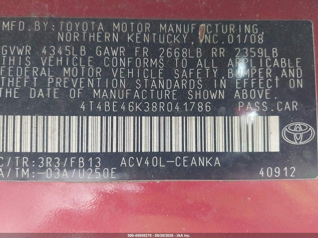4T4BE46K38R041786 2008 TOYOTA CAMRY photo no. 9