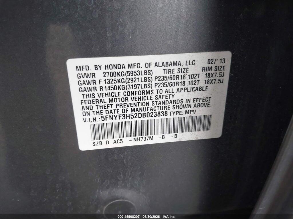 5FNYF3H52DB023838 2013 HONDA PILOT photo no. 9