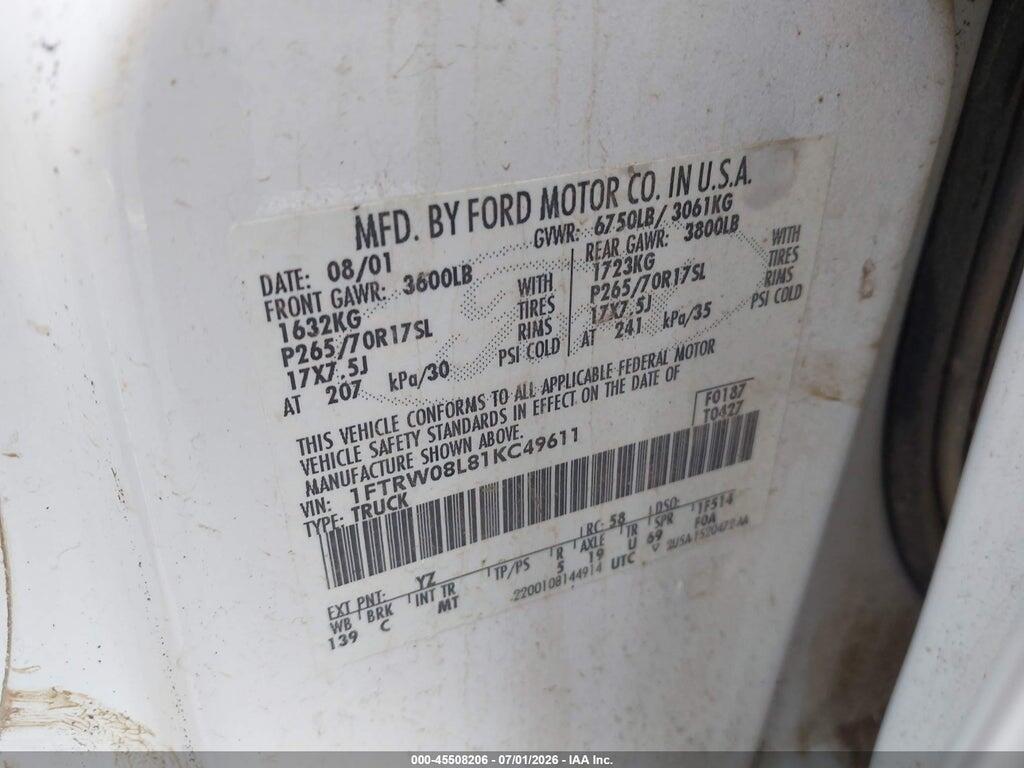 1FTRW08L81KC49611 2001 FORD F-150 photo no. 9