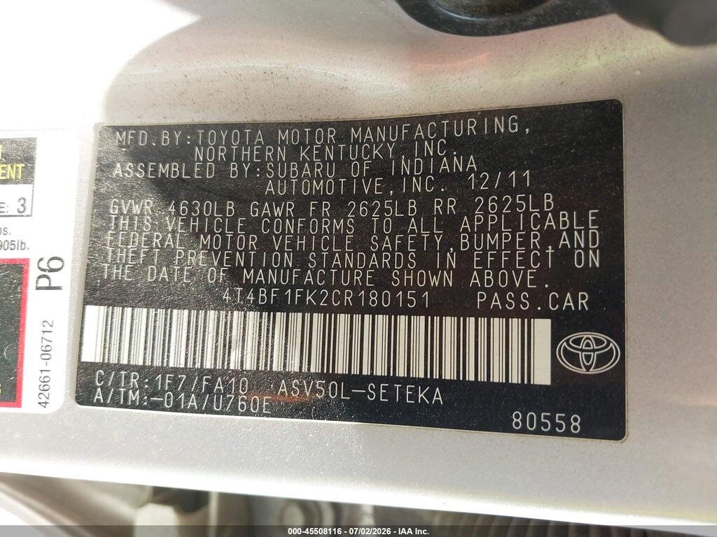 4T4BF1FK2CR180151 2012 TOYOTA CAMRY photo no. 9