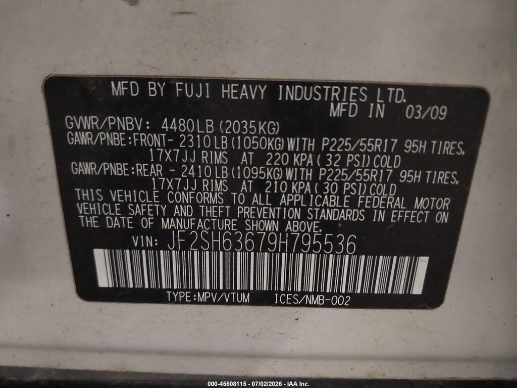 JF2SH63679H795536 2009 SUBARU FORESTER photo no. 9