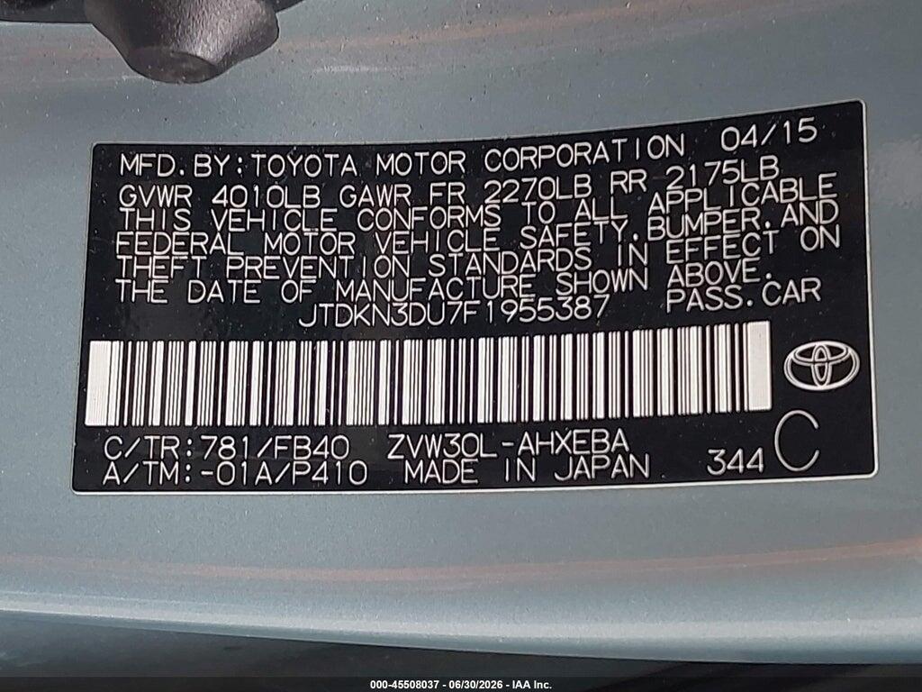 JTDKN3DU7F1955387 2015 TOYOTA PRIUS photo no. 9