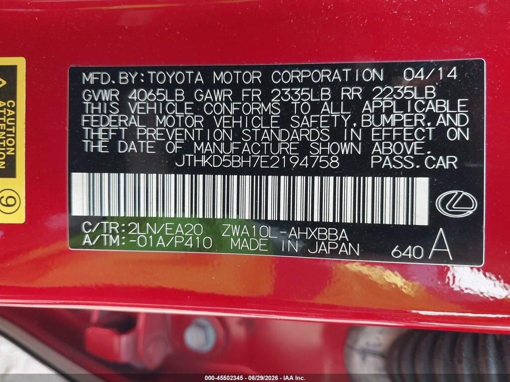 JTHKD5BH7E2194758 2014 LEXUS CT 200H photo no. 9