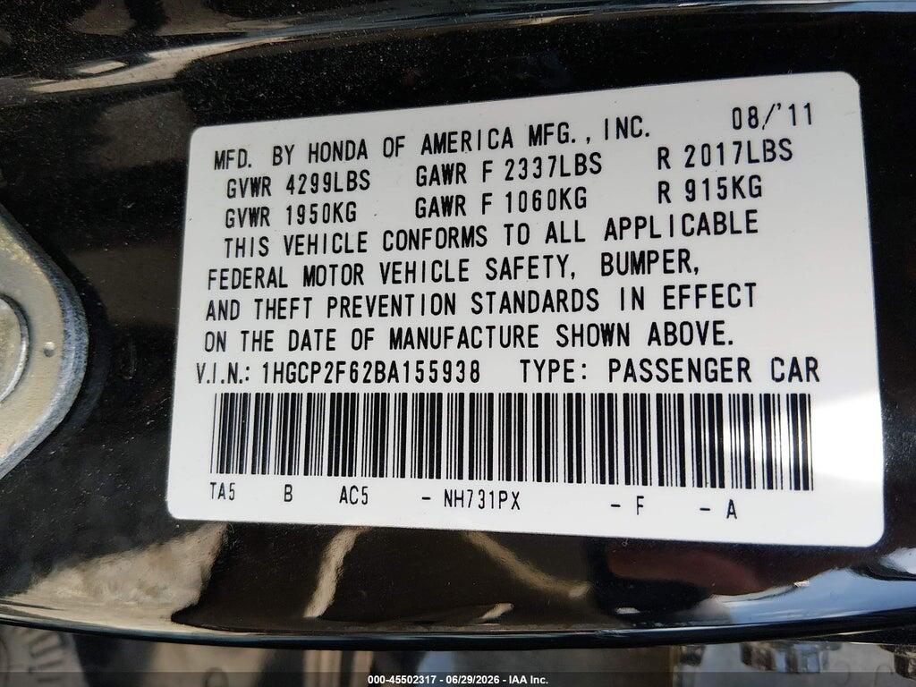 1HGCP2F62BA155938 2011 HONDA ACCORD photo no. 9