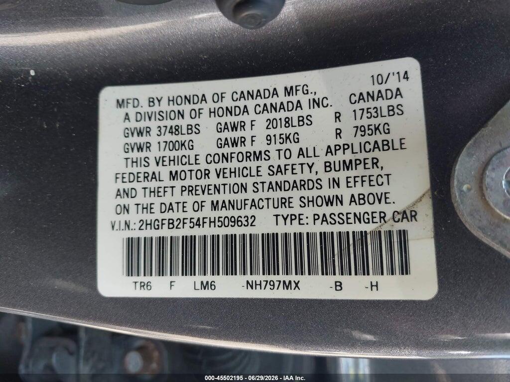 2HGFB2F54FH509632 2015 HONDA CIVIC photo no. 9