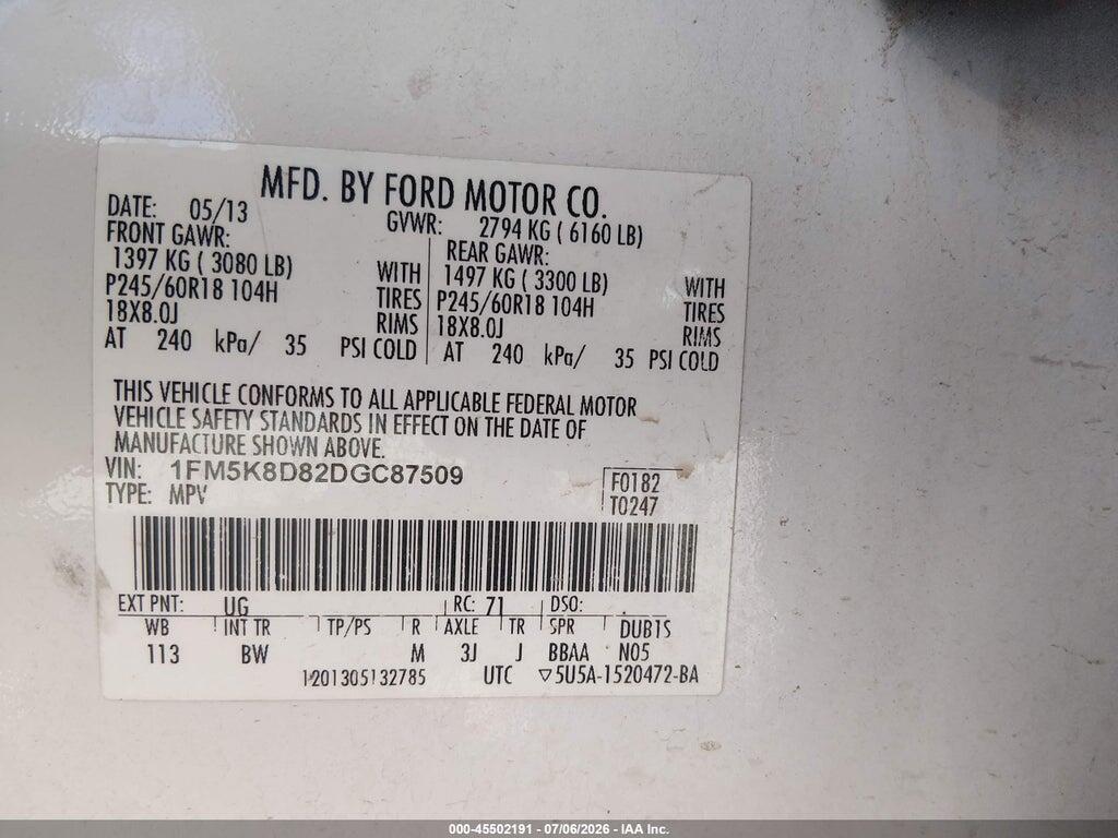 1FM5K8D82DGC87509 2013 FORD EXPLORER photo no. 9