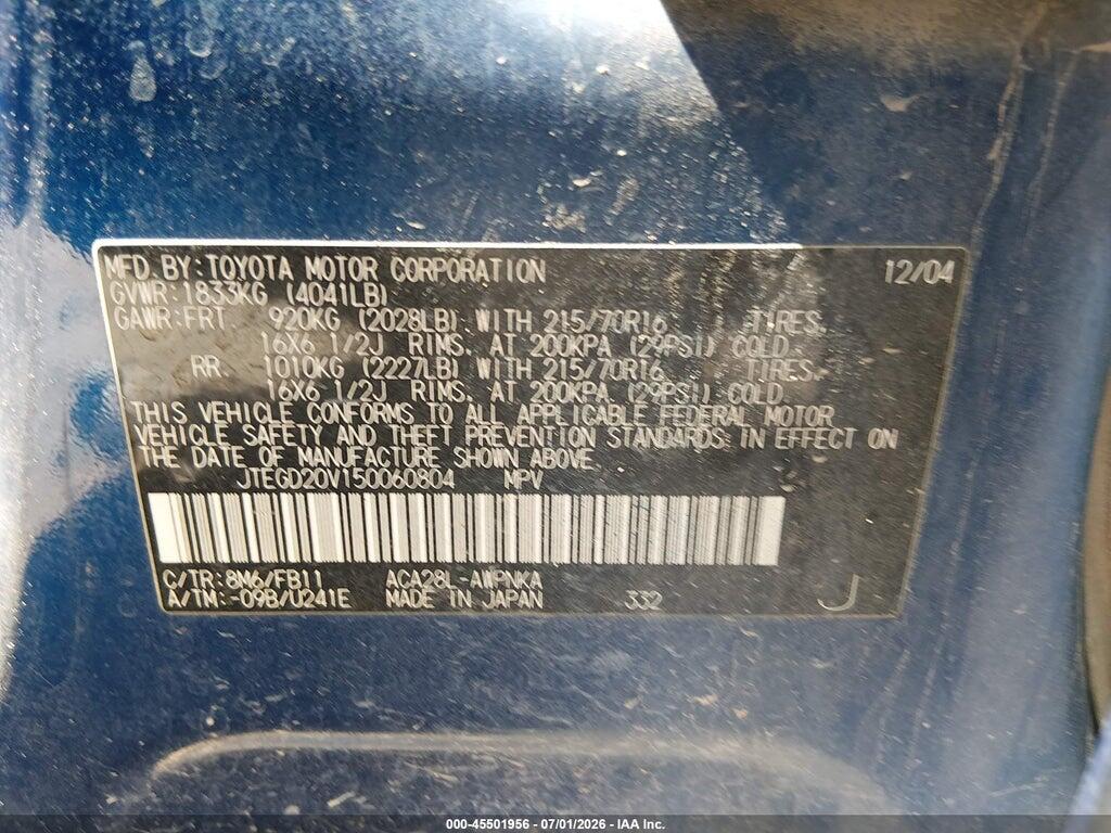 JTEGD20V150060804 2005 TOYOTA RAV4 photo no. 9