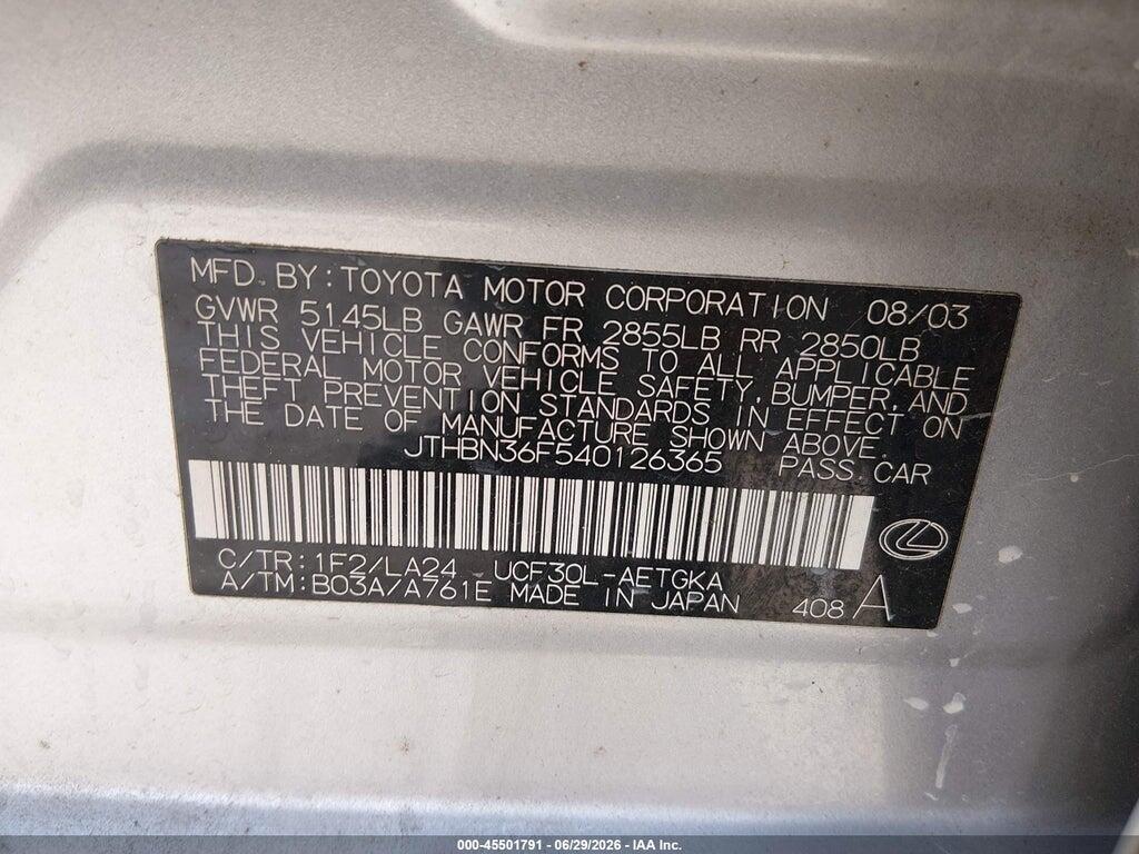 JTHBN36F540126365 2004 LEXUS LS 430 photo no. 9
