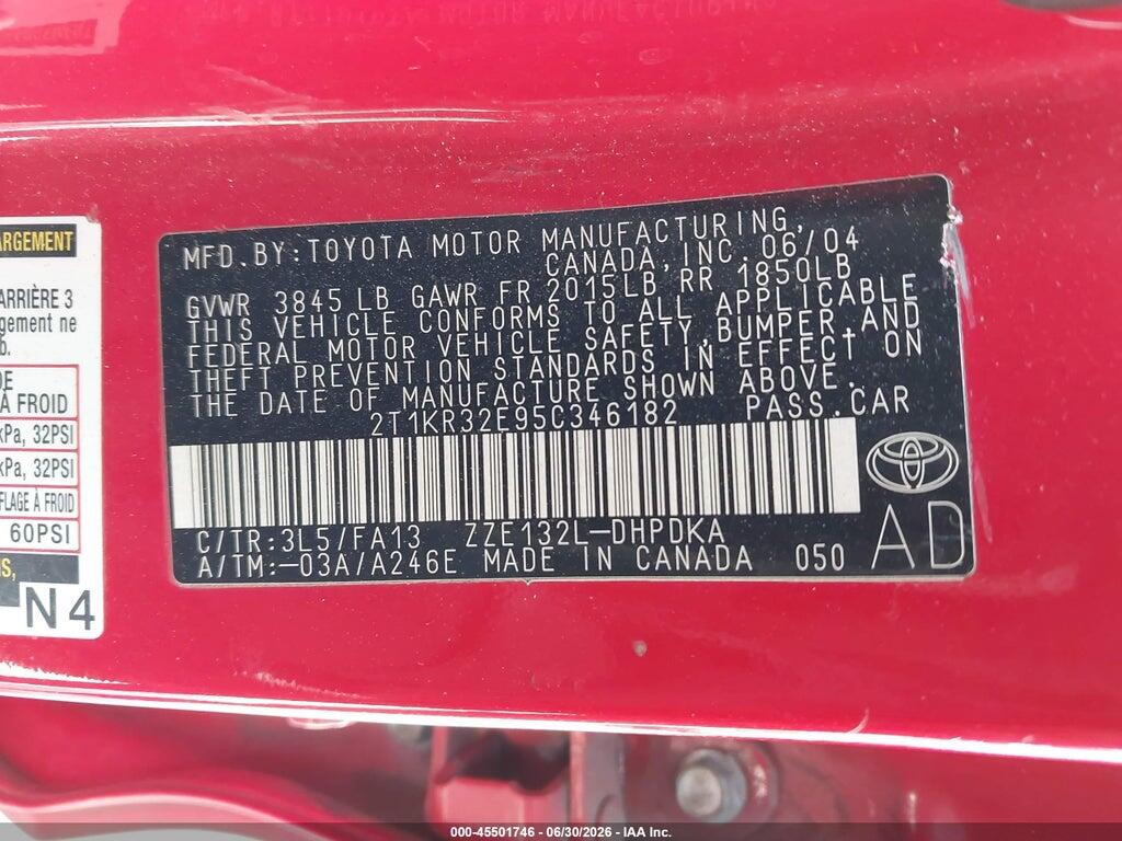 2T1KR32E95C346182 2005 TOYOTA MATRIX photo no. 9