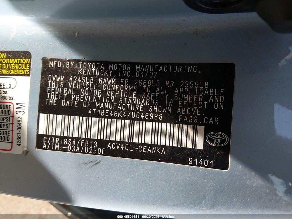 4T1BE46K47U646988 2007 TOYOTA CAMRY photo no. 9