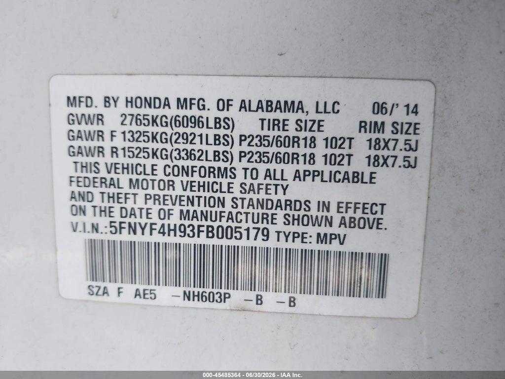 5FNYF4H93FB005179 2015 HONDA PILOT photo no. 9