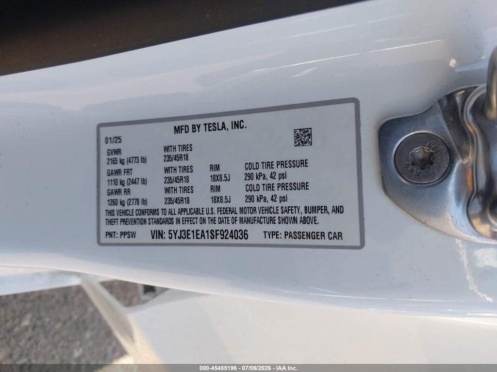 5YJ3E1EA1SF924036 2025 TESLA MODEL 3 photo no. 9