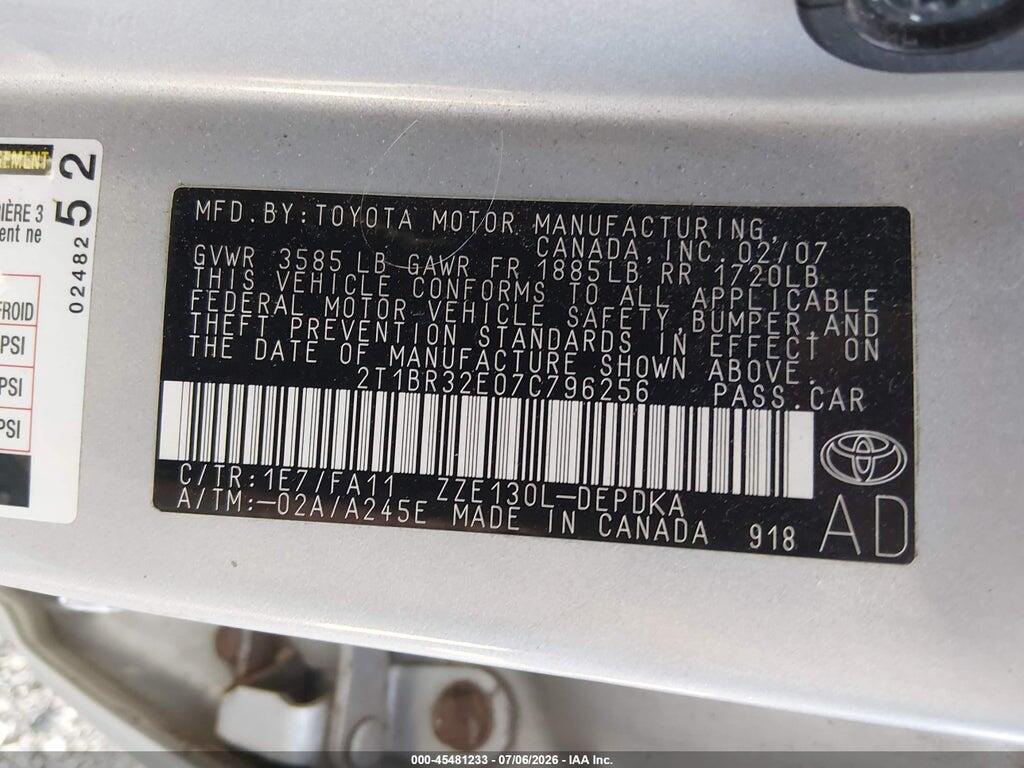 2T1BR32E07C796256 2007 TOYOTA COROLLA photo no. 9