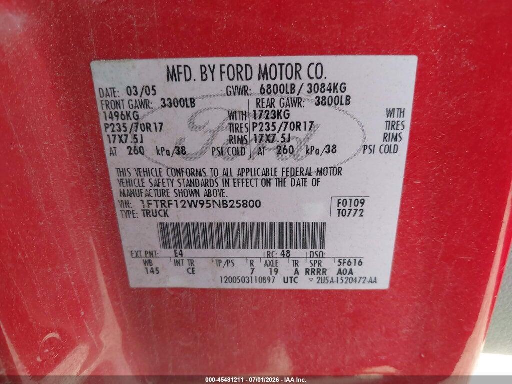 1FTRF12W95NB25800 2005 FORD F-150 photo no. 9