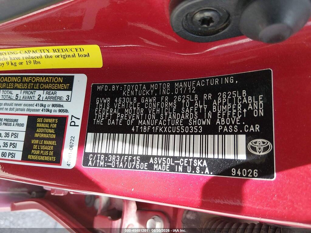 4T1BF1FKXCU550353 2012 TOYOTA CAMRY photo no. 9