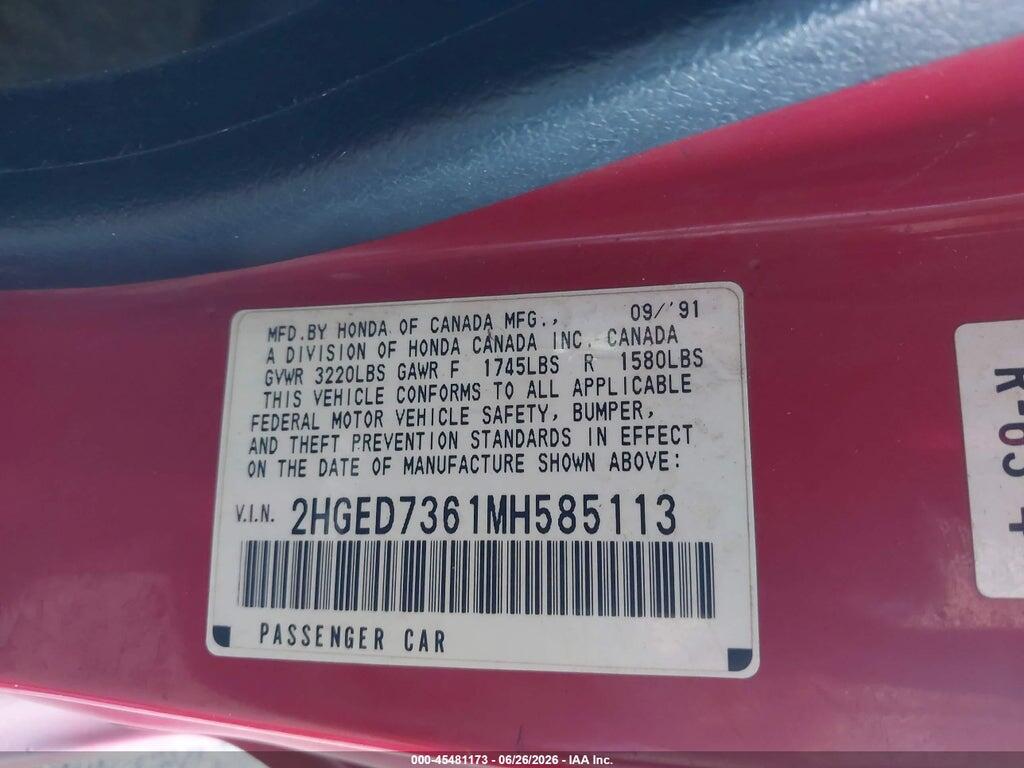2HGED7361MH585113 1991 HONDA CIVIC photo no. 9