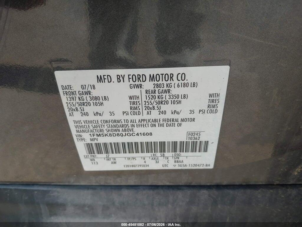 1FM5K8D80JGC41608 2018 FORD EXPLORER photo no. 9