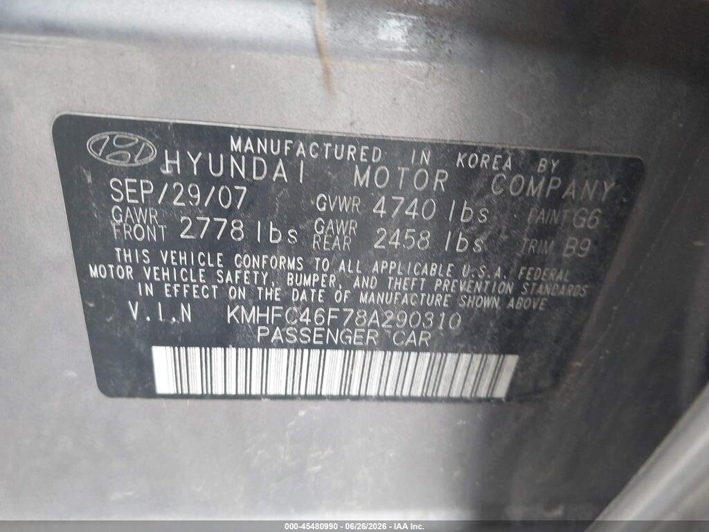 KMHFC46F78A290310 2008 HYUNDAI AZERA photo no. 9