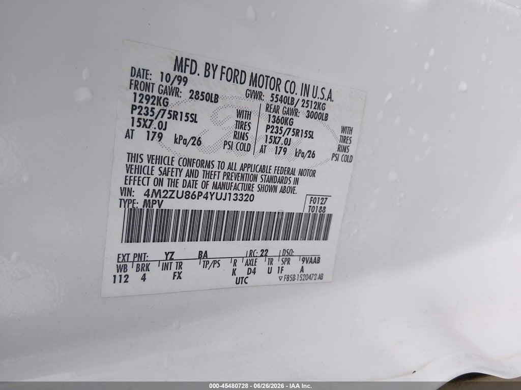 4M2ZU86P4YUJ13320 2000 MERCURY MOUNTAINEER photo no. 9