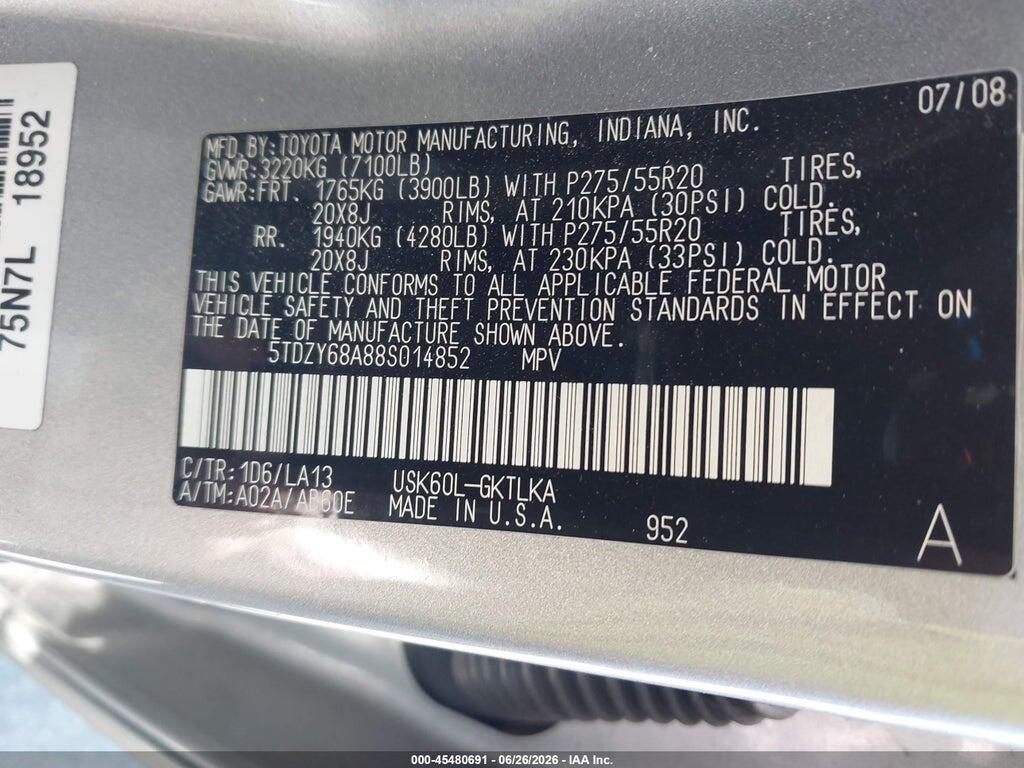 5TDZY68A88S014852 2008 TOYOTA SEQUOIA photo no. 9