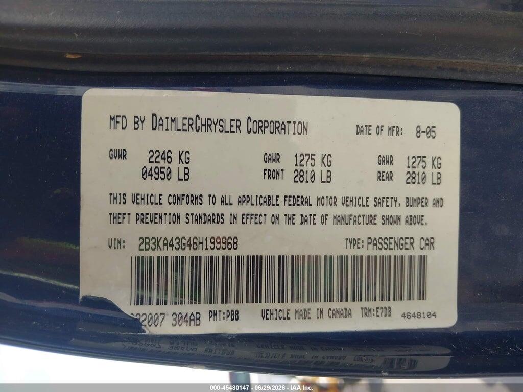 2B3KA43G46H199968 2006 DODGE CHARGER photo no. 9