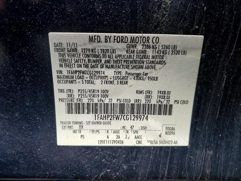 1FAHP2FW7CG129974 2012 FORD TAURUS photo no. 12