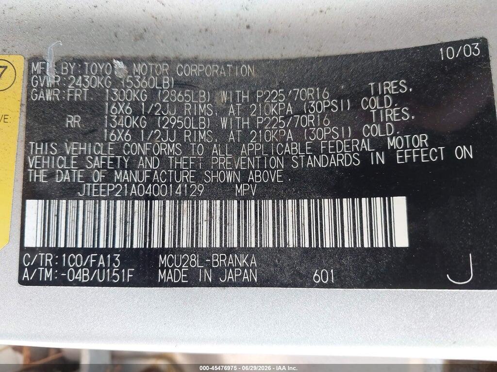 JTEEP21A040014129 2004 TOYOTA HIGHLANDER photo no. 9