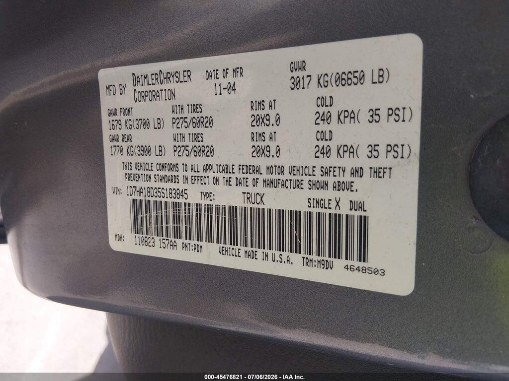 1D7HA18D35S183845 2005 DODGE RAM 1500 photo no. 9
