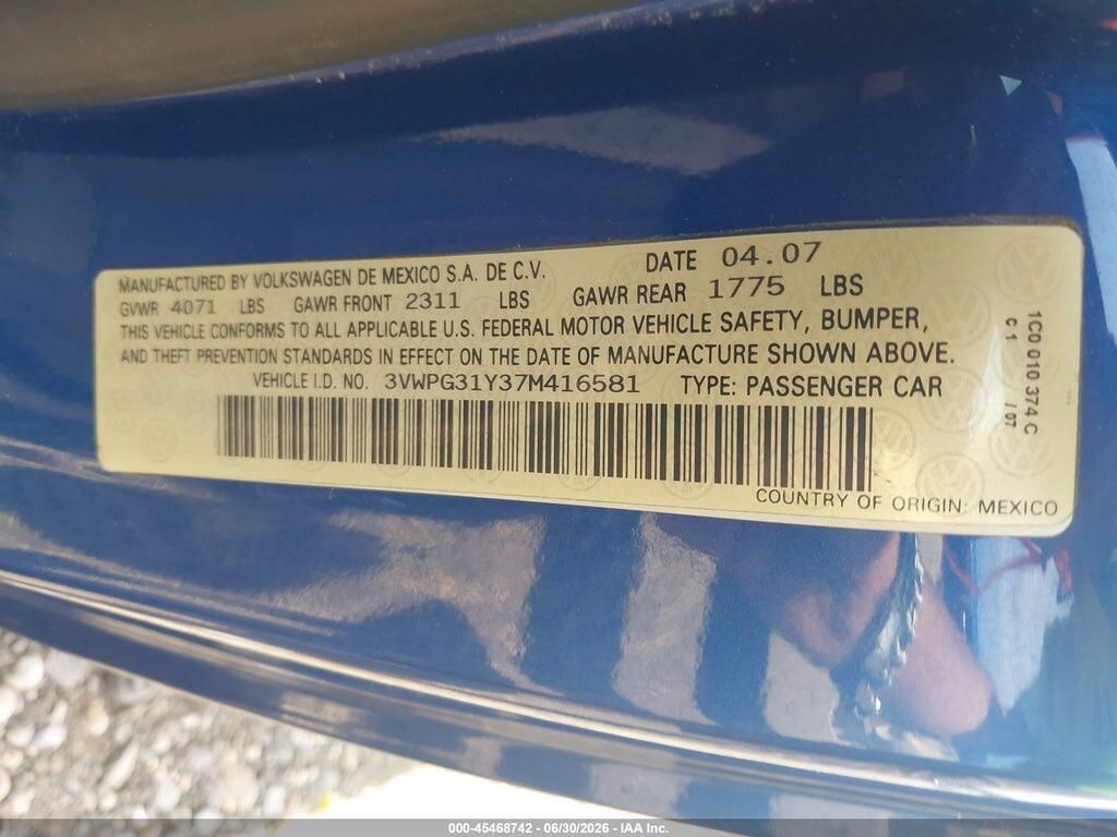 3VWPG31Y37M416581 2007 VOLKSWAGEN NEW BEETLE photo no. 9