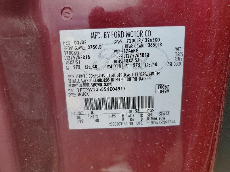 1FTPW14555KE04917 2005 FORD F150 photo no. 12