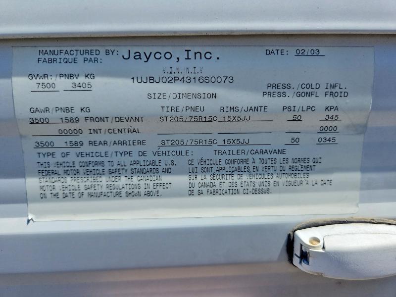 1UJBJ02P4316S0073 2003 JAYCO JAY RECREATIONAL VEHICLE (RV) photo no. 10