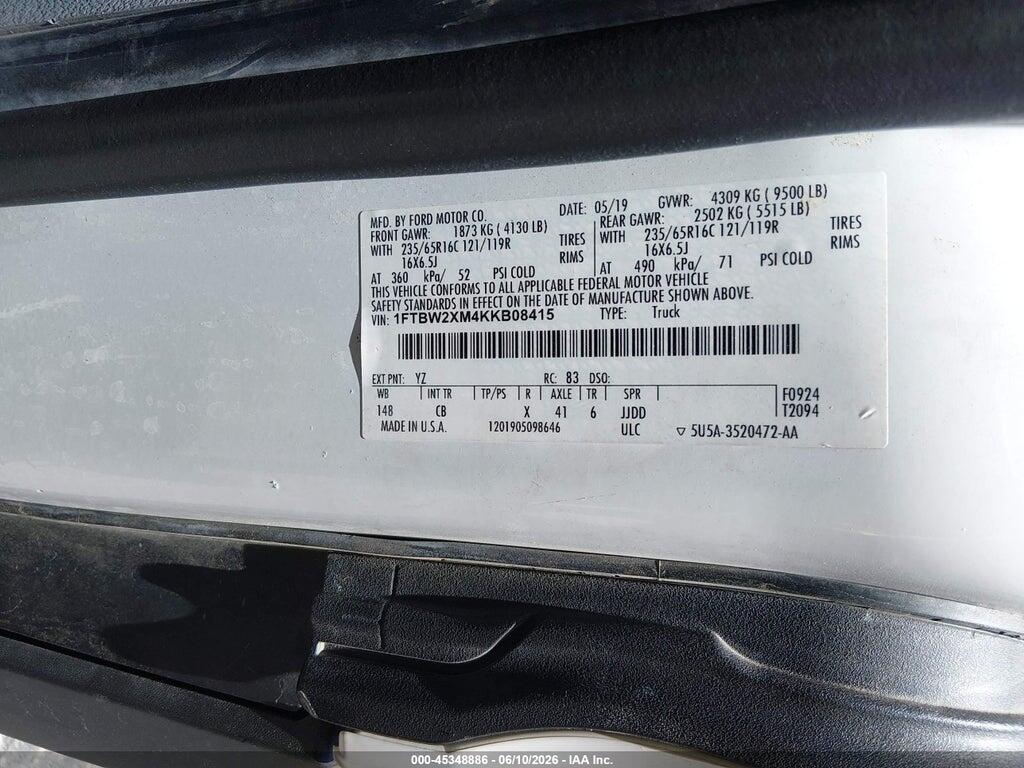 1FTBW2XM4KKB08415 2019 FORD TRANSIT-350 photo no. 9